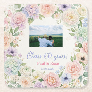 Posavasos Cuadrado De Papel cumple 60 años púrpura rosa floral pastel foto na