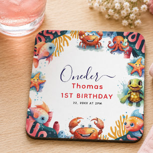 Posavasos Cuadrado De Papel Cumpleaños 1º Cute Kids Acuarela Bajo el Mar 