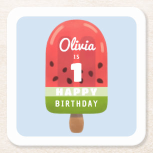 Posavasos Cuadrado De Papel Cumpleaños 1º de Cute Melon Popsicle