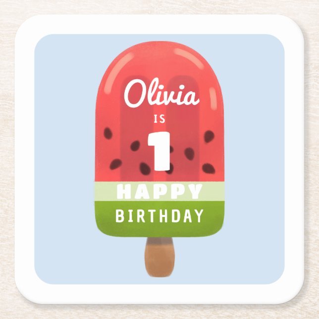 Posavasos Cuadrado De Papel Cumpleaños 1º de Cute Melon Popsicle (Anverso)
