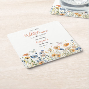 Posavasos Cuadrado De Papel Cumpleaños 1º de Little Wildflower Butterfly Meado