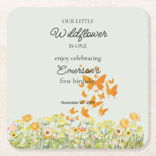 Posavasos Cuadrado De Papel Cumpleaños 1º Mariposa de Flor Silvestre Colorida