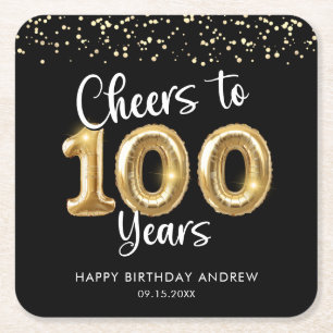 Posavasos Cuadrado De Papel Cumpleaños 100 Feliz 100 Años Oro Negro