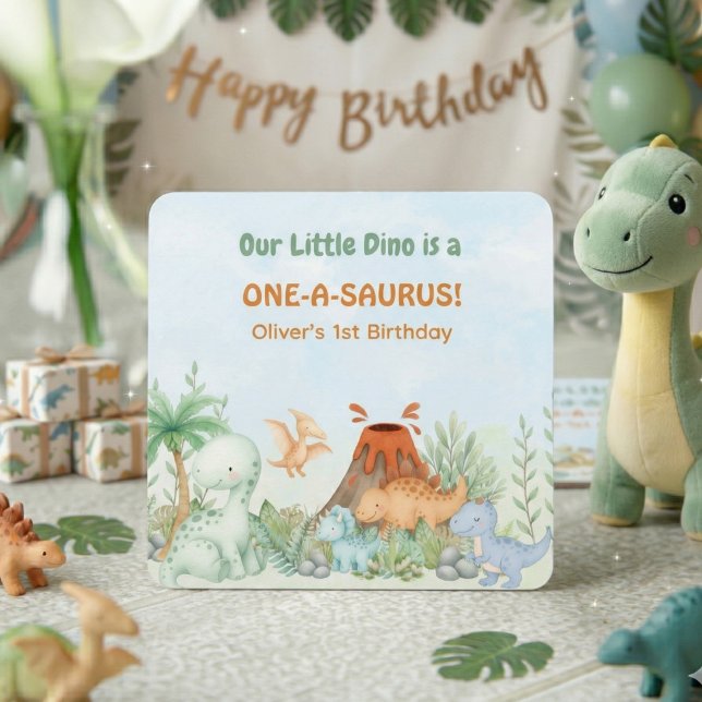 Posavasos Cuadrado De Papel Cumpleaños 1 de Dinosaurio Uno-A-Saurus  (One-A-Saurus Dinosaur 1st Birthday Paper Coaster)