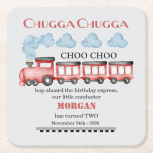 Posavasos Cuadrado De Papel Cumpleaños 2º Tren Rojo Acuarela Adorable