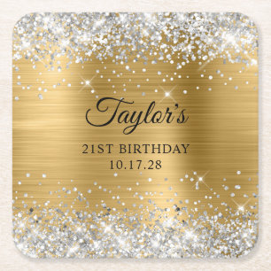 Posavasos Cuadrado De Papel Cumpleaños 21 Brillante Hoja de Oro Plateada