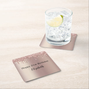 Posavasos Cuadrado De Papel Cumpleaños 21 Rosado Dorado con Glitter que Gotea 