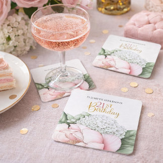 Posavasos Cuadrado De Papel Cumpleaños 21 Rosado Rubor Floral Peonía
