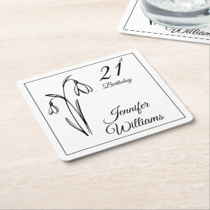 Posavasos Cuadrado De Papel Cumpleaños 21 Snowdrop Floral Negro Y Blanco