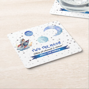 Posavasos Cuadrado De Papel Cumpleaños 2 Rocket Space Blue Boy Dos a la Luna
