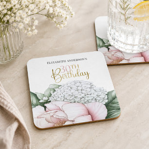 Posavasos Cuadrado De Papel Cumpleaños 30 Blush Pink Peony Floral 