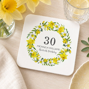Posavasos Cuadrado De Papel Cumpleaños 30 Elegante Floral Narciso Amarillo
