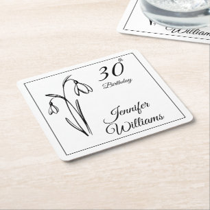 Posavasos Cuadrado De Papel Cumpleaños 30 Snowdrop Floral Negro Y Blanco