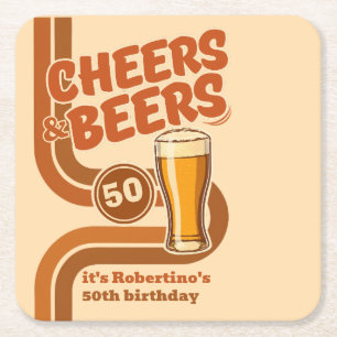 Posavasos Cuadrado De Papel Cumpleaños 50 Años Línea Retro Cheers & Beers