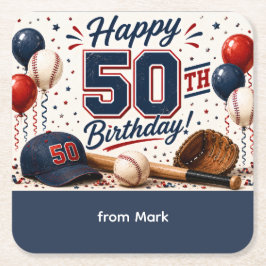 Posavasos Cuadrado De Papel Cumpleaños 50 de Béisbol Gracias