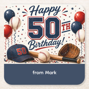 Posavasos Cuadrado De Papel Cumpleaños 50 de Béisbol Gracias
