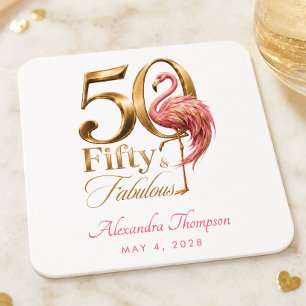 Posavasos Cuadrado De Papel Cumpleaños 50 & Fabuloso Flamenco Rosa