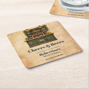 Posavasos Cuadrado De Papel Cumpleaños 50 Hombres Vintage Pub Cheers & Cerveza