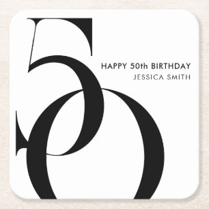 Posavasos Cuadrado De Papel Cumpleaños 50 Moderno Minimalista en Blanco y Negr