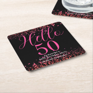 Posavasos Cuadrado De Papel Cumpleaños 50 Negro y Rosa Fucsia Brillante Falso 