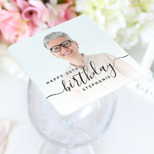 Posavasos Cuadrado De Papel Cumpleaños 50 Personalizado Foto Letra Negra
