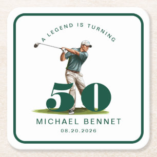 Posavasos Cuadrado De Papel Cumpleaños 50 Personalizado Verde Deportes Golf