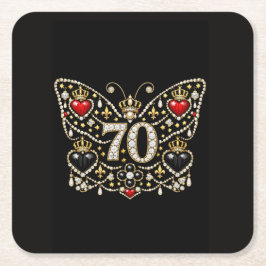 Posavasos Cuadrado De Papel cumpleaños 70 adornado con diamantes mariposa