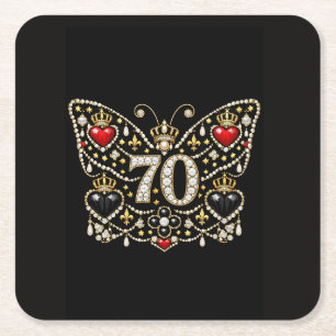 Posavasos Cuadrado De Papel cumpleaños 70 adornado con diamantes mariposa
