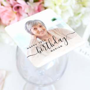 Posavasos Cuadrado De Papel Cumpleaños 70 Personalizado con Foto y Letra Negra