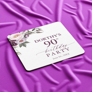 Posavasos Cuadrado De Papel Cumpleaños 90 en letra floral púrpura