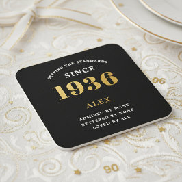 Posavasos Cuadrado De Papel Cumpleaños 90 Nombre 1936 Año Negro Oro Personaliz