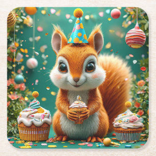 Posavasos Cuadrado De Papel Cumpleaños adorable de la ardilla