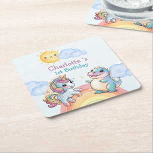 Posavasos Cuadrado De Papel Cumpleaños amigos arcoíris Dinosaurio unicornio li