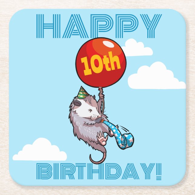 Posavasos Cuadrado De Papel Cumpleaños! Añadir el globo Edad Opossum y Rojo (Anverso)