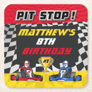 Posavasos Cuadrado De Papel Cumpleaños Bandera a Cuadros Go Kart