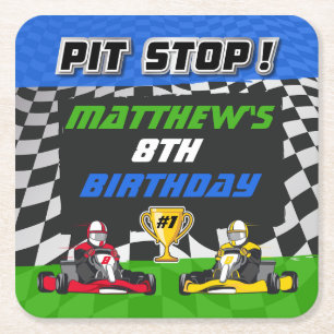 Posavasos Cuadrado De Papel Cumpleaños Bandera a Cuadros Go Kart