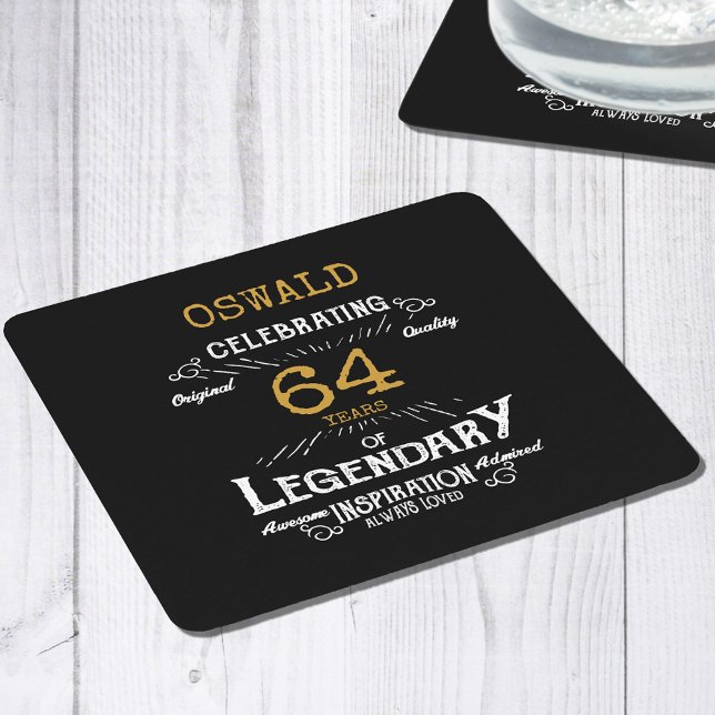 Posavasos Cuadrado De Papel Cumpleaños Black Gold (Personalized black and gold birthday party paper coaster.)