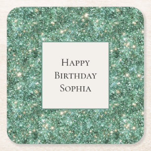 Posavasos Cuadrado De Papel Cumpleaños Brillante Oro Verde
