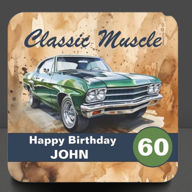 Posavasos Cuadrado De Papel Cumpleaños, Clásico Coche Muscular ( Let your creativity shine as you customize this classic design for a birthday that's full of style )