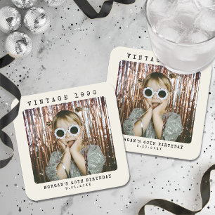 Posavasos Cuadrado De Papel Cumpleaños con foto vintage retro personalizada