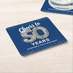 Posavasos Cuadrado De Papel Cumpleaños de 50 años Blue Silver Cheers