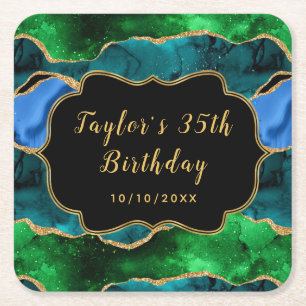 Posavasos Cuadrado De Papel Cumpleaños de Ágata de Pavo Real Azul y Verde
