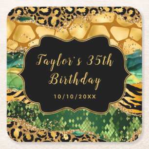 Posavasos Cuadrado De Papel Cumpleaños de ágata Safari Dorado y Verde