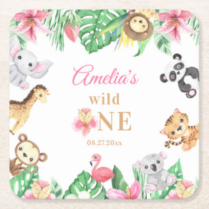Posavasos Cuadrado De Papel Cumpleaños de animales safari florales rosados