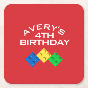 Posavasos Cuadrado De Papel Cumpleaños de BLOQUES FIESTA Personalizado Ladrill