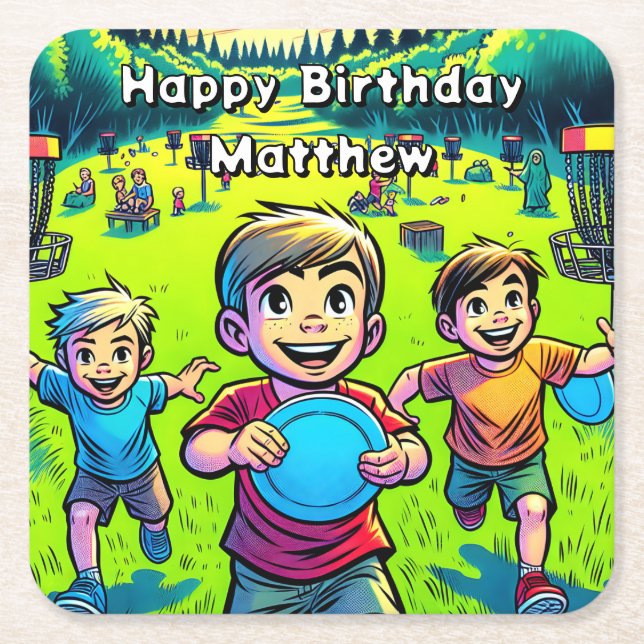 Posavasos Cuadrado De Papel Cumpleaños de Disk Golf Boy personalizado (Anverso)
