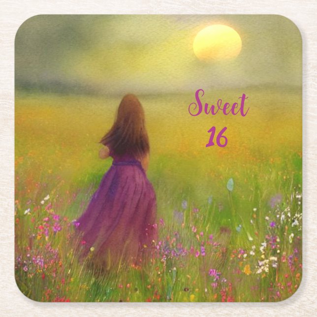 Posavasos Cuadrado De Papel Cumpleaños de Dulces 16 (Anverso)