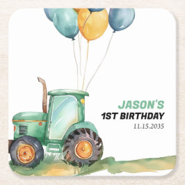 Posavasos Cuadrado De Papel Cumpleaños de Farm Green Tractor