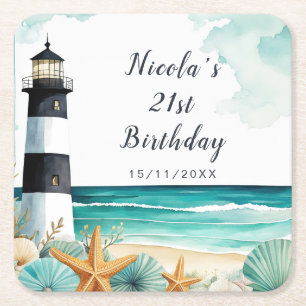 Posavasos Cuadrado De Papel Cumpleaños de faro náutico