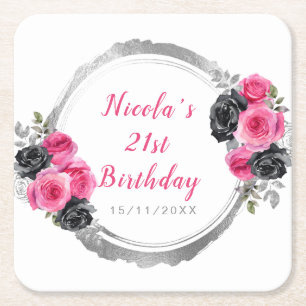Posavasos Cuadrado De Papel Cumpleaños de flores elegantes rosa intenso y plat